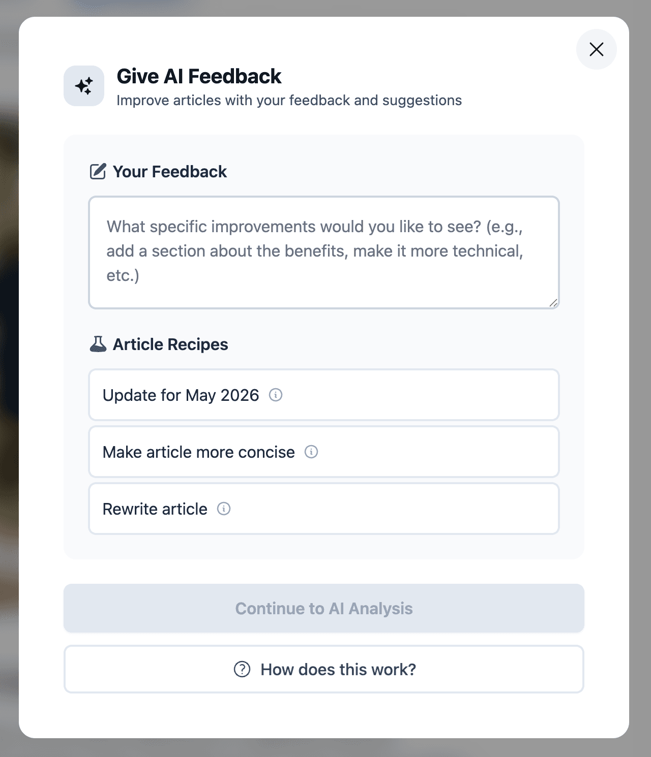 Give AI Feedback modal for article improvements