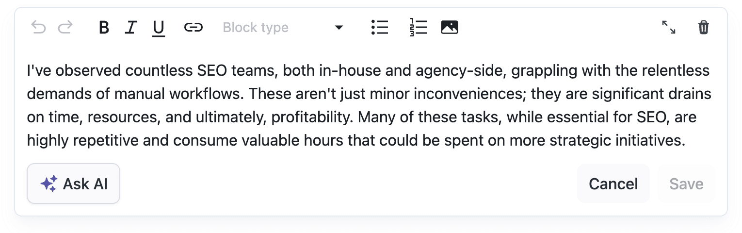 Article editor showing generated content