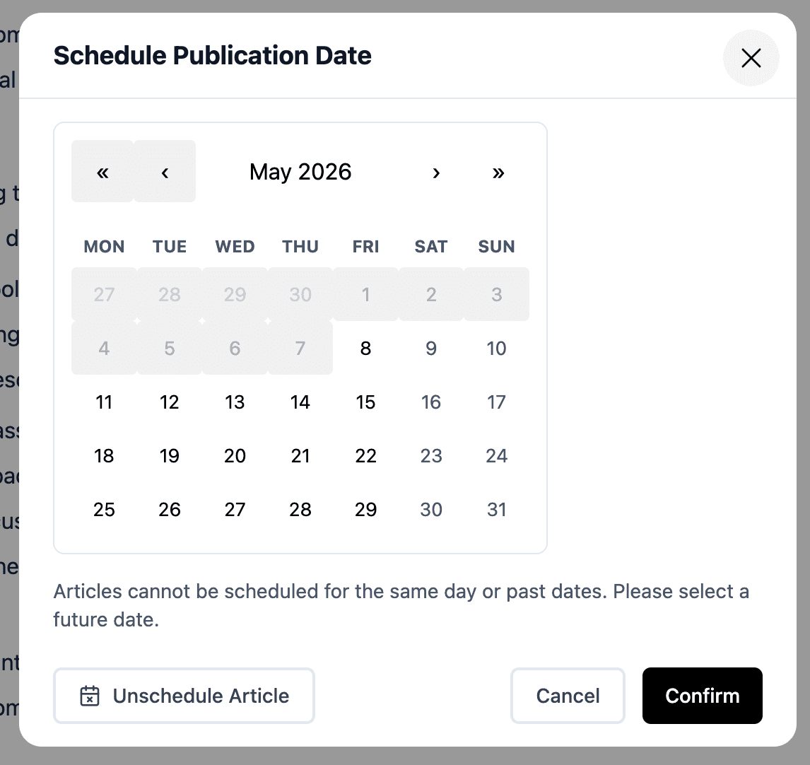 Publication date scheduling controls for an article