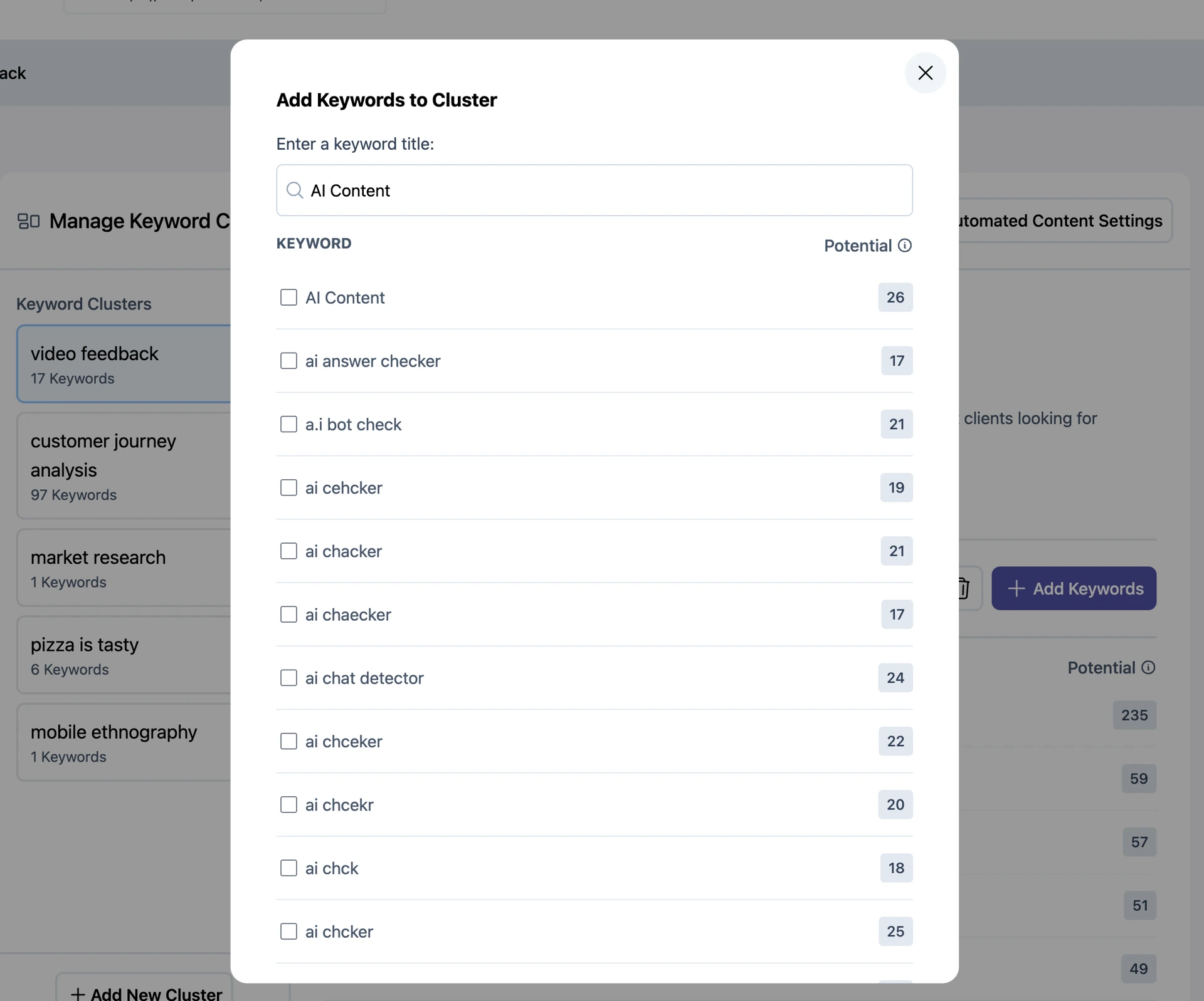 Add keywords modal for expanding a keyword cluster