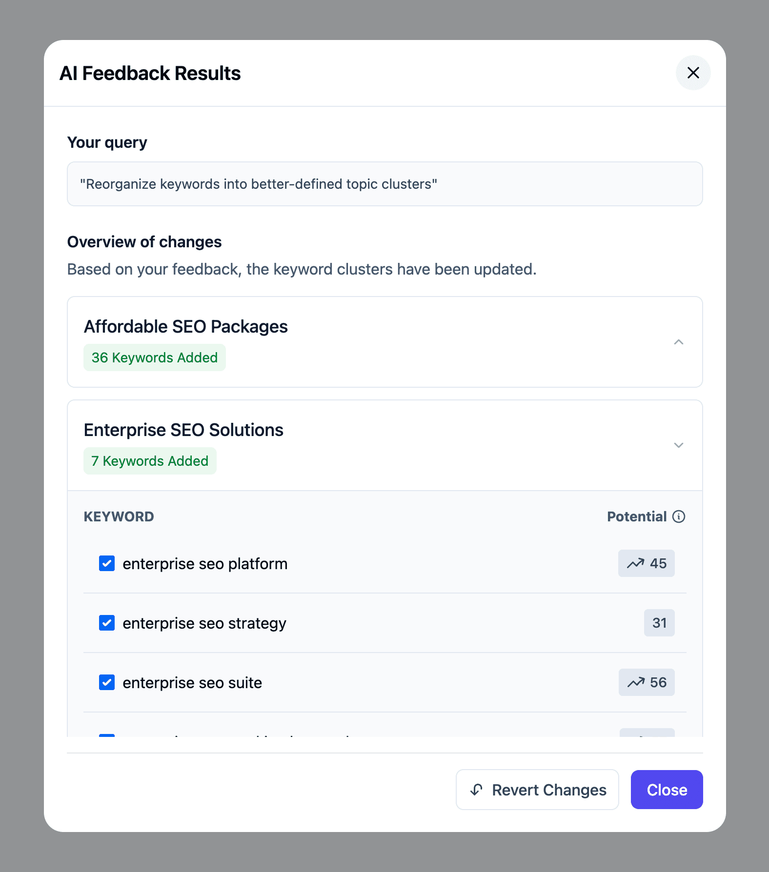 AI Feedback Results modal showing keyword cluster changes