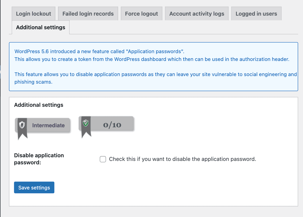 All In One WP Security — enable application passwords