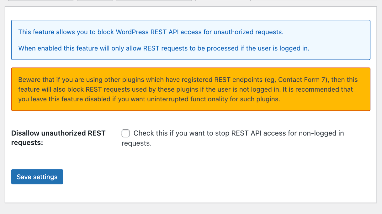 All In One WP Security — REST API enabled